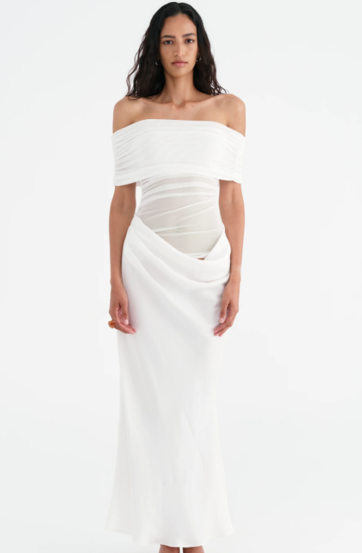 Benni Nico Off Shoulder Maxi White – Stylus Dress Hire