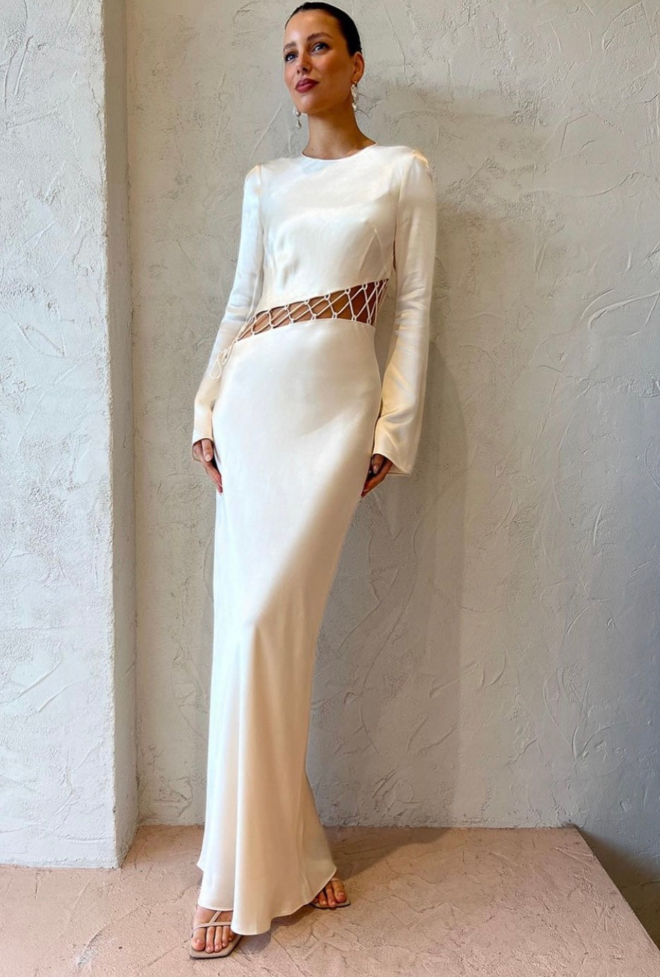 ARIENZO ASYMMETRICAL LACE UP MAXI DRESS - CREAM