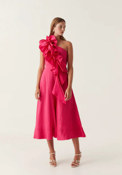 Aje Adelia Ruffle Midi Dress Pink
