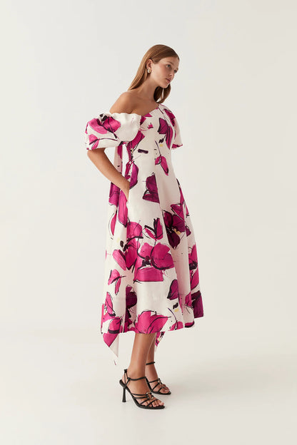 Arista Tulip Sleeve Midi Dress Falling Florals