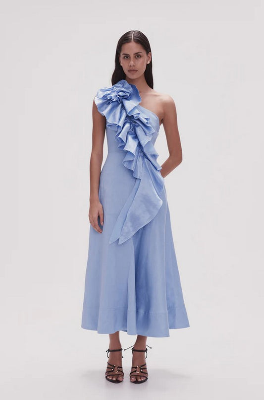 AJE Adelia Ruffle Midi Dress Blue