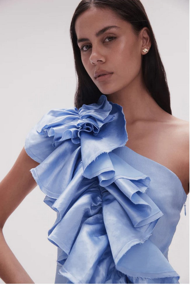 AJE Adelia Ruffle Midi Dress Blue