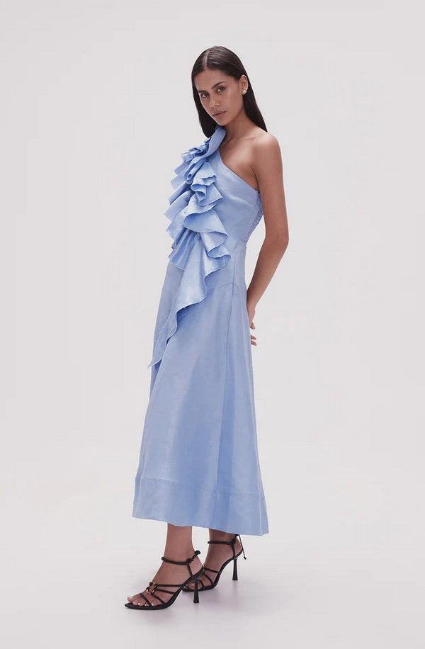 AJE Adelia Ruffle Midi Dress Blue